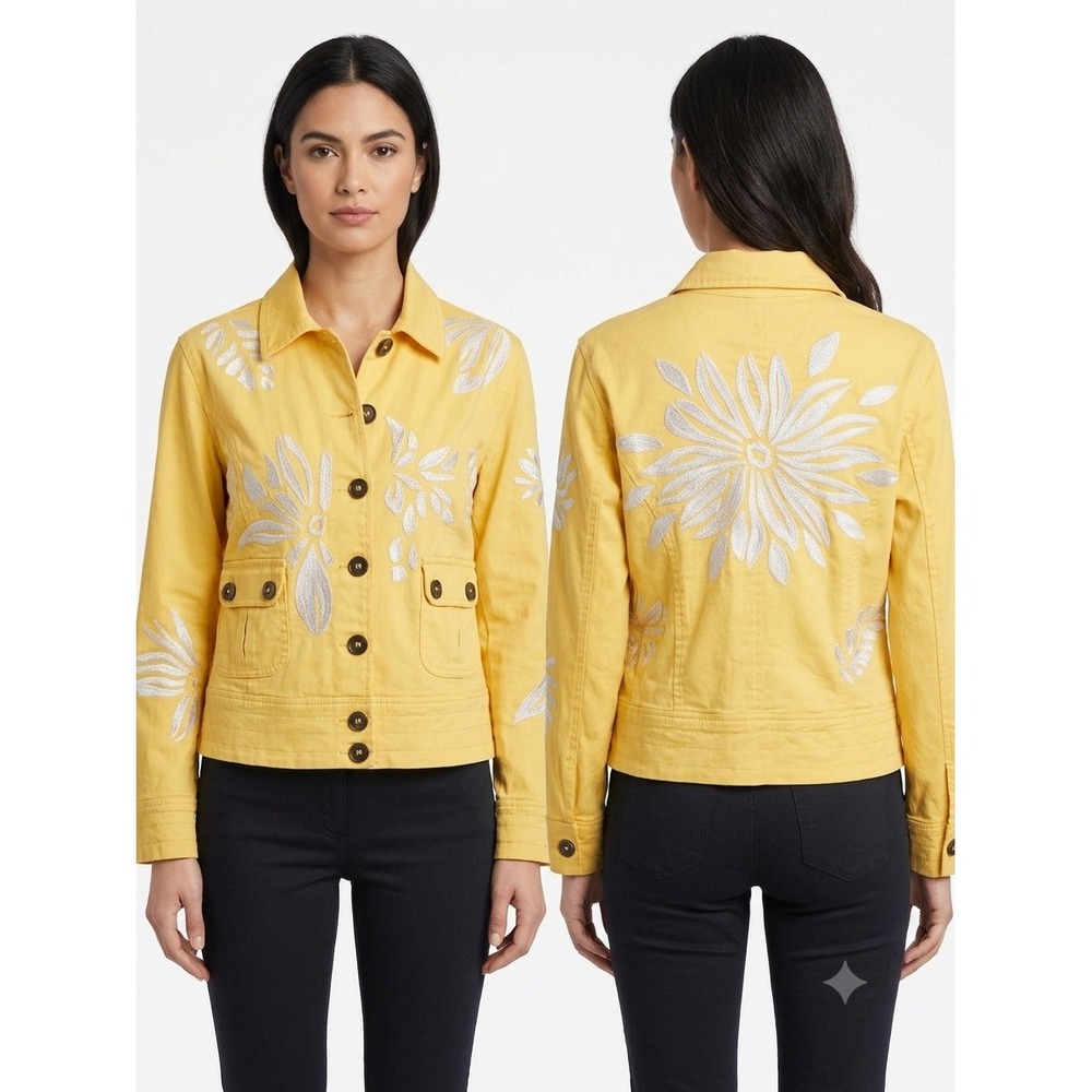 Casual Living Jacket M Yellow Silver Floral Embroidered Cotton Button Front Coat